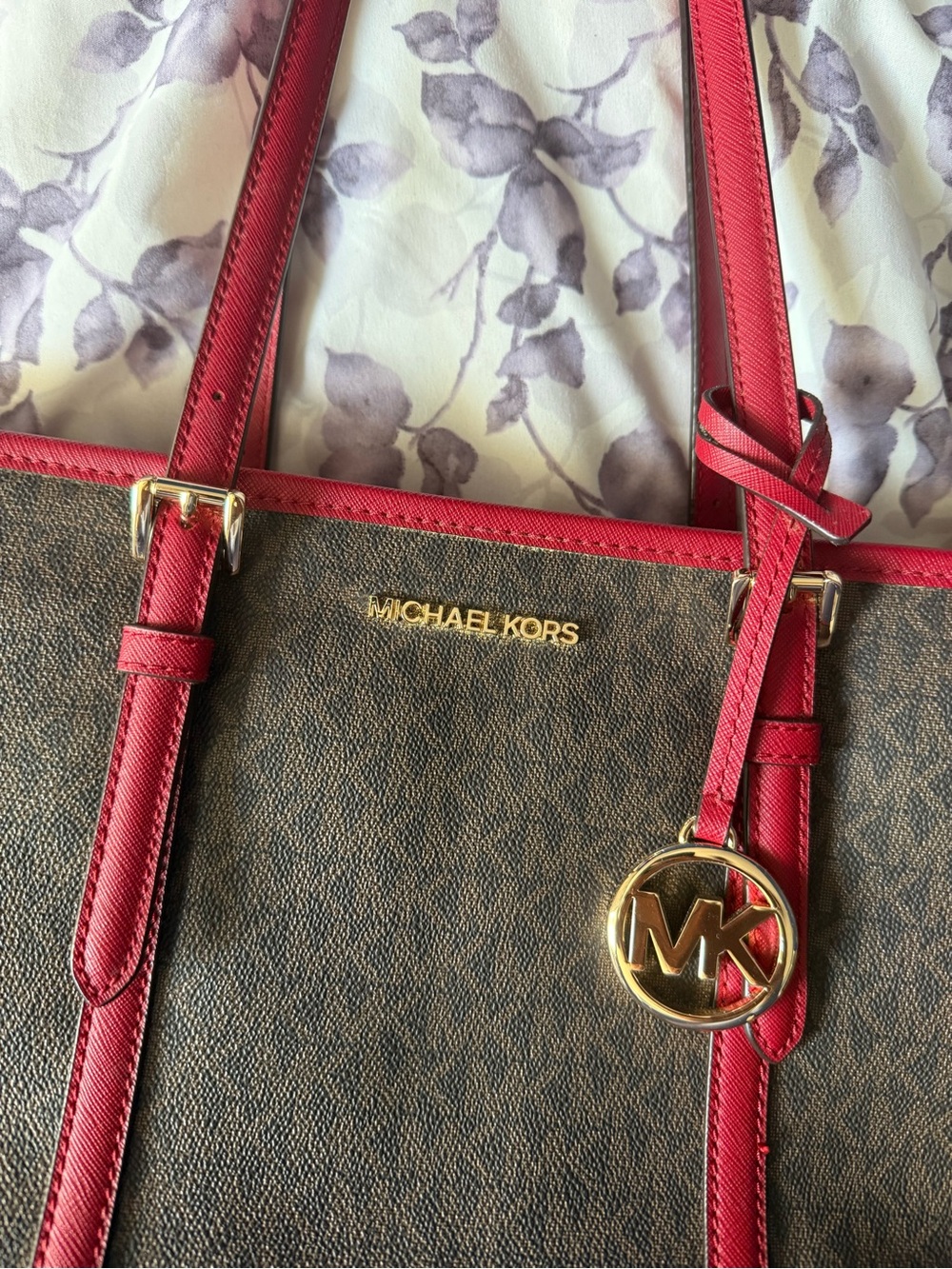 Michael Kors Brown MK Signature Tote with Red Trim and Handles - Picture 2 of 6